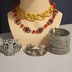 Bold Gold Chunky Knot Red Silver Tone Necklace Tiger Rhinestone Bracelets Huge